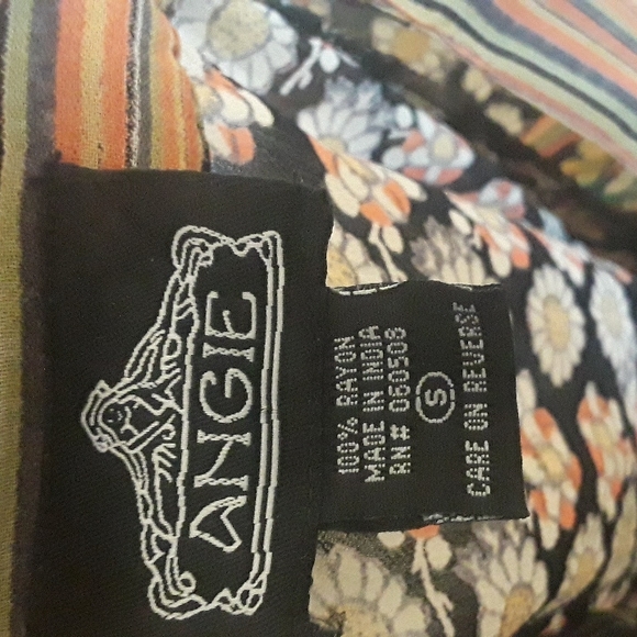 Angie boho gorgeous floral semi-sheer stripe tunic top tie back bell sleeve sz S - Picture 17 of 17